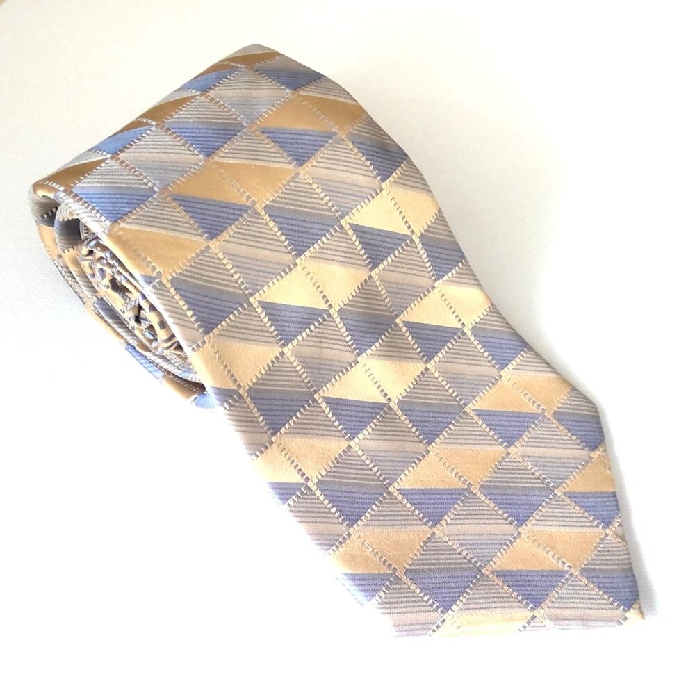 Pronto Uomo Men's Neck Tie 100% Silk Gold Blue & Silvery Gray Shimmer Retro EUC
